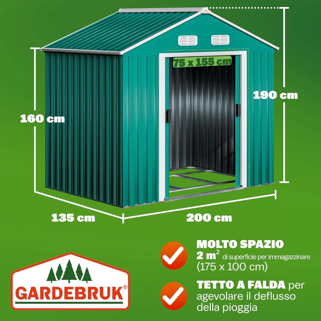 Deuba Capanno da Giardino XL 1,8m² con Fondamenta 196x132x188cm Porta Scorrevole Casetta 3,1m³ Verde
