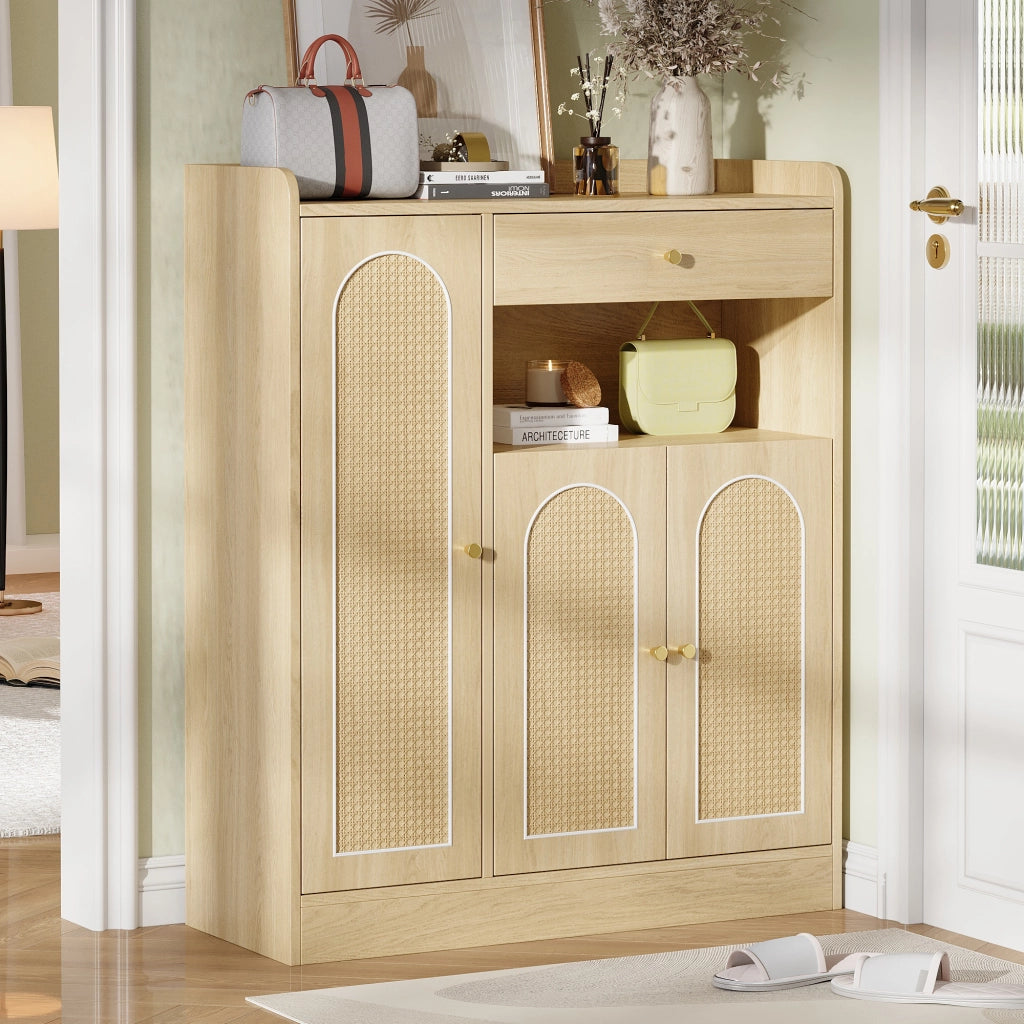 Armadio portascarpe in rattan con 1 cassetto e 3 ante, struttura in MDF e truciolare, colore naturale, 90 x 35 x 110 cm