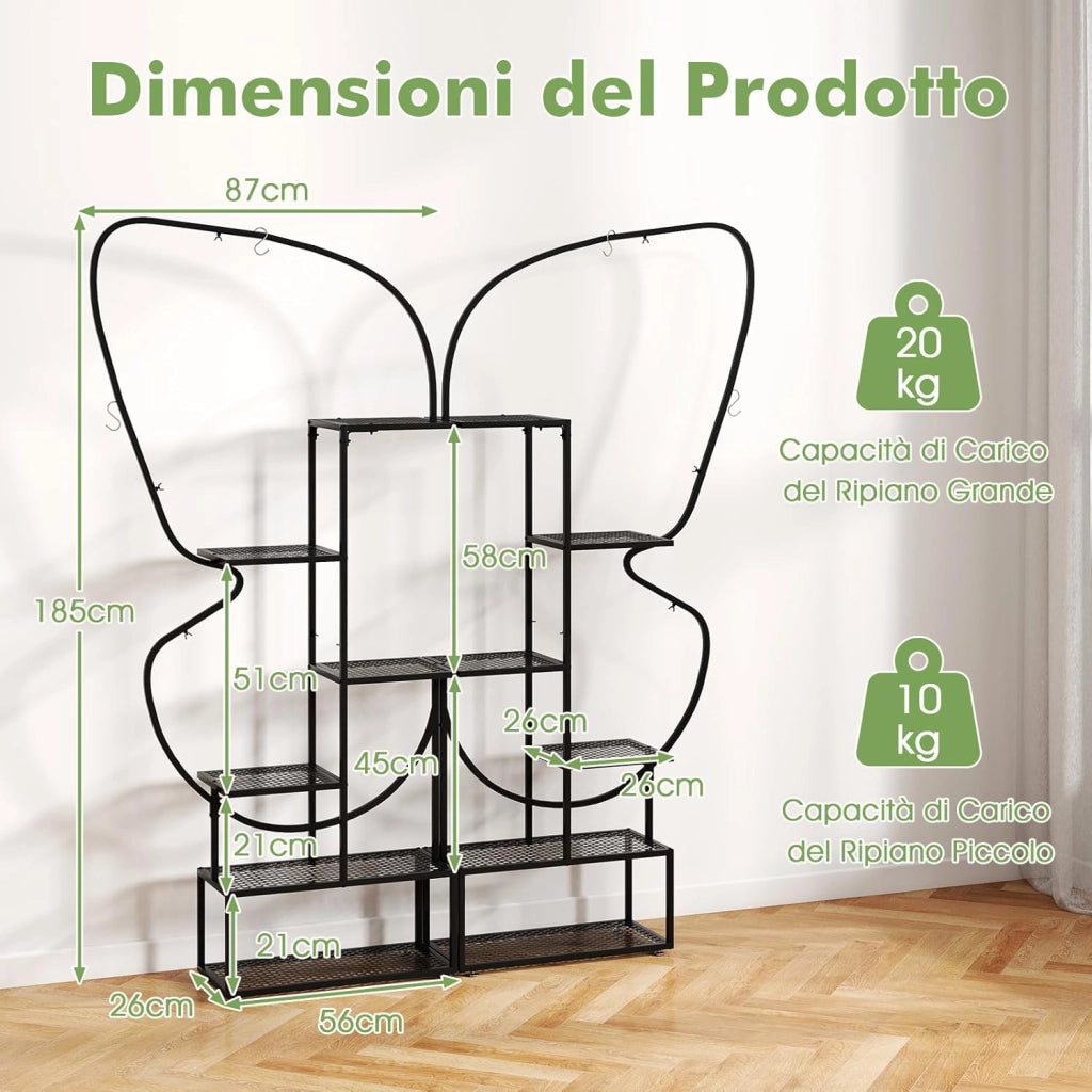 Scaffale Porta Piante a 6 Livelli, Scaffale per Vasi a Forma di Farfalla con 12 Ripiani in Rete Metallica e 4 Ganci, Mensola a Scala per Piante da Interno e Esterno (Nero)