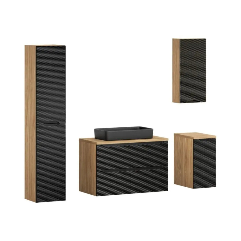 Set da bagno YOKA nero: mobile sotto lavabo + piano per lavabo + lavabo da appoggio + 2 mobili e 1 colonna di rangemento