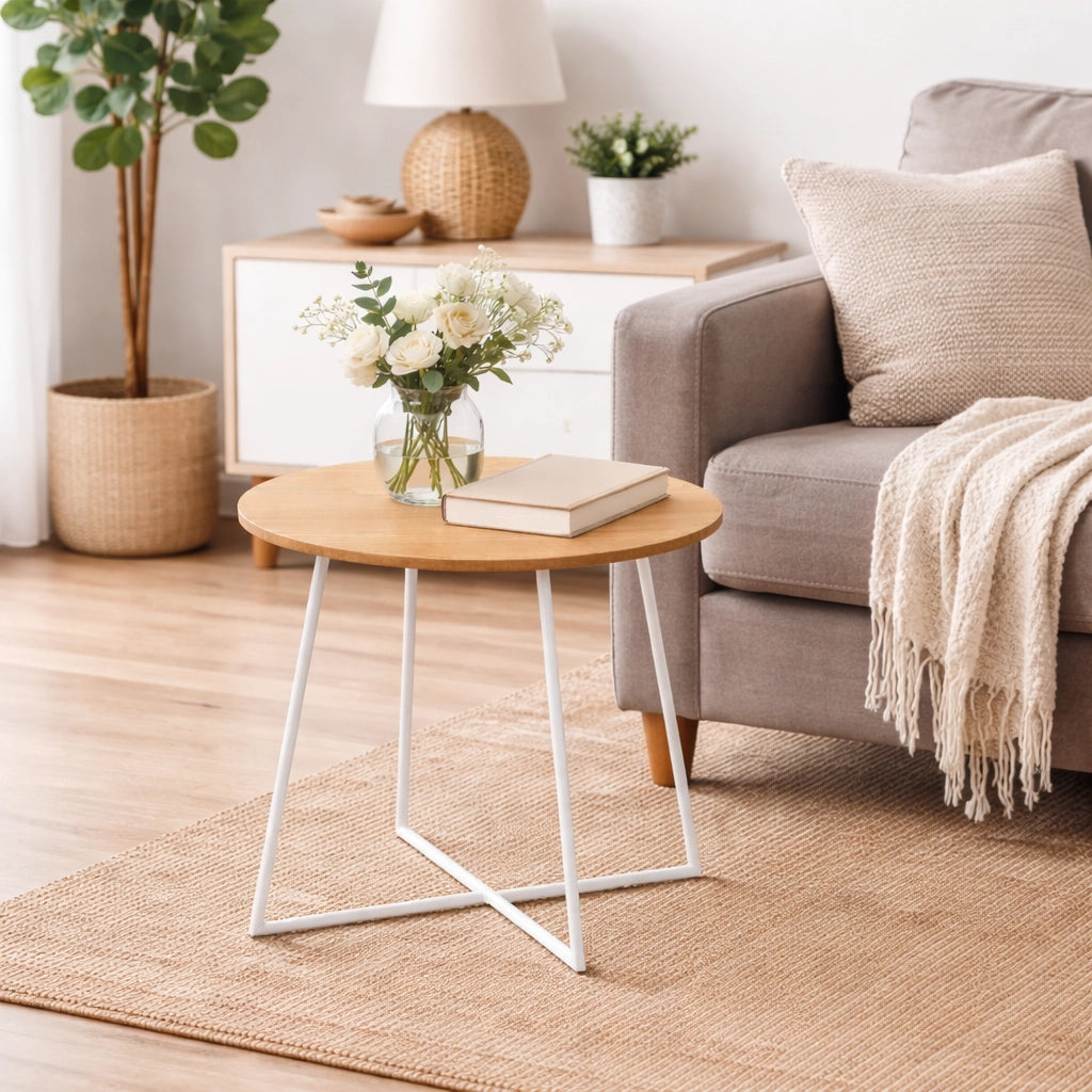 Tavolino da Salotto Tondo 40x40 Moderno Struttura Metallo Bianco Piano in Legno