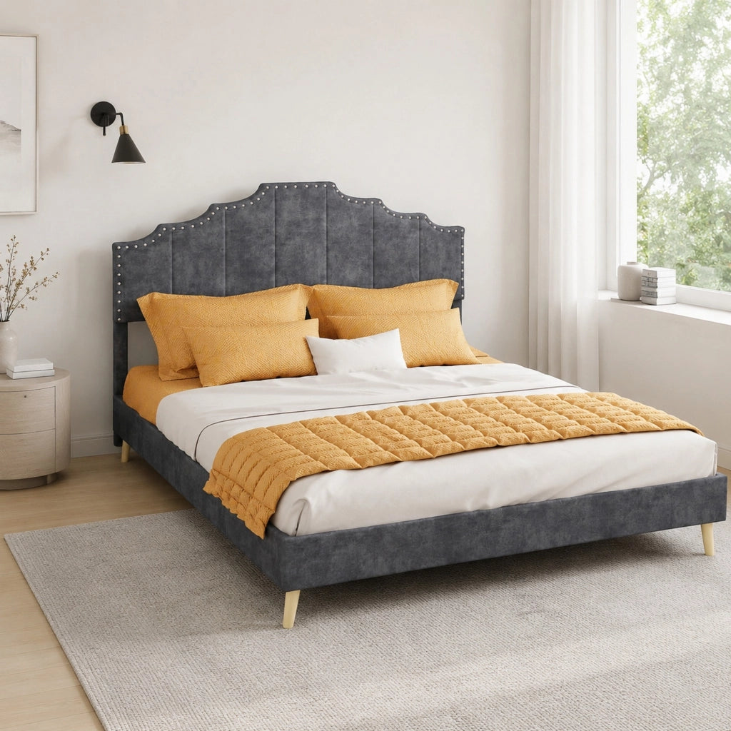Letto 140 × 200 cm con testiera imbottita in tessuto e struttura in metallo grigio