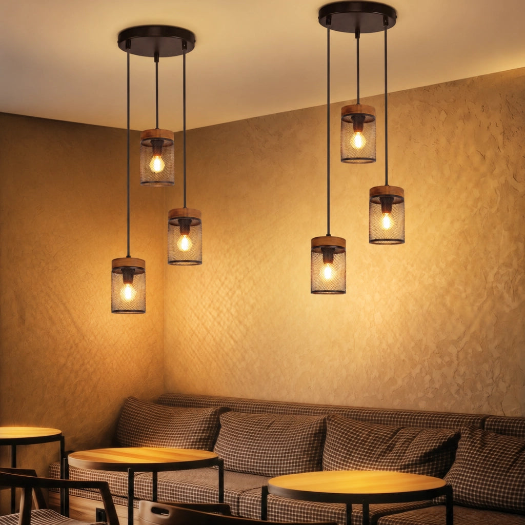 ZMH Lampada a Sospensione 3 Luci Nero Legno Vintage E14 Industriale per Soggiorno Sala da Pranzo Cafe Senza Lampadina