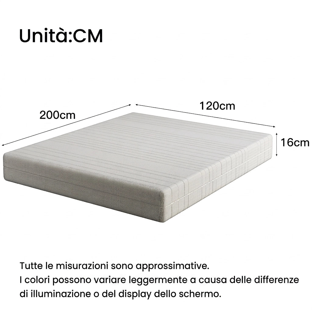 Materasso in Schiuma 120x200 cm; Ortopedico Una Piazza e Mezza; Altezza 16 cm; Rivestimento 3D; Sfoderabile
