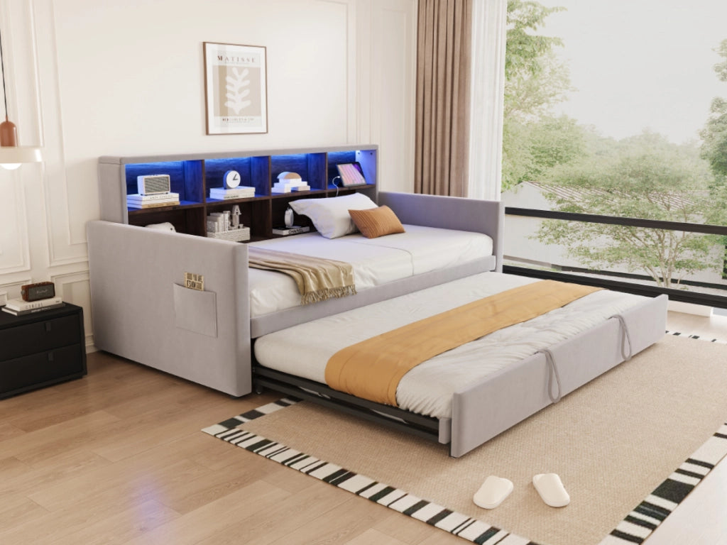 DESMIU Letto estraibile 90 × 190 cm 2 posti con LED, prese USB e Type-C, vano contenitore, senza materasso, in velluto, grigio chiaro
