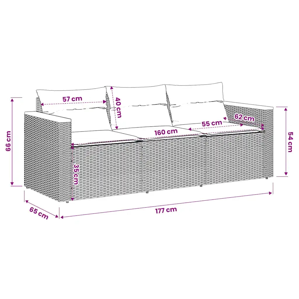 Divano da Giardino a 3 Posti con Cuscini-Sofa da Giardino-Divano da esterno Nero in Polyrattan 427618