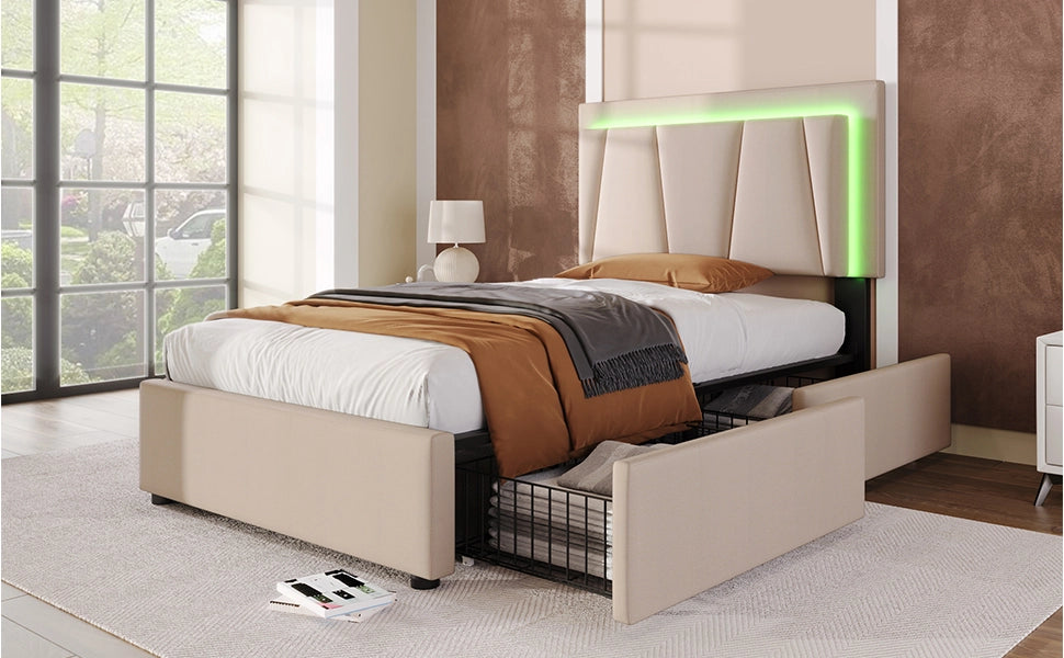 DESMIU Lit singolo 90 × 200 cm con LED, 2 cassetti, testiera regolabile e materasso, beige