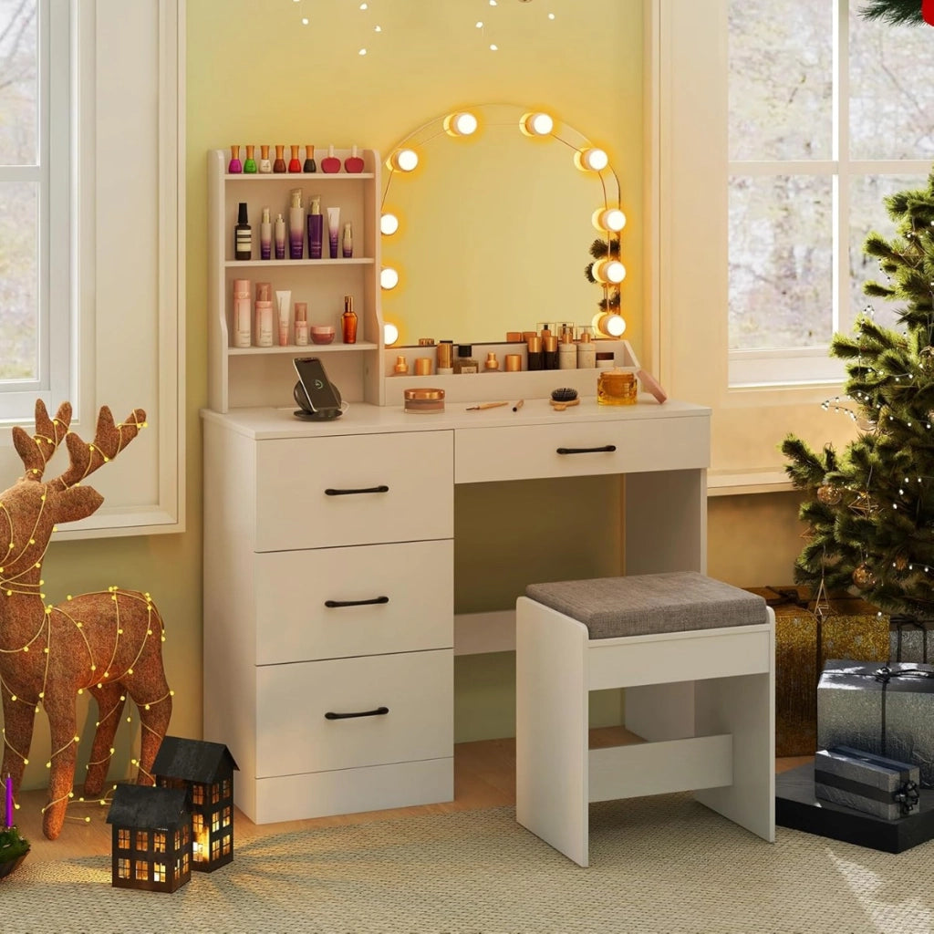 Scrivania da trucco con specchio e luci, Set tavolo da trucco e sgabello con stazione di ricarica Bianco