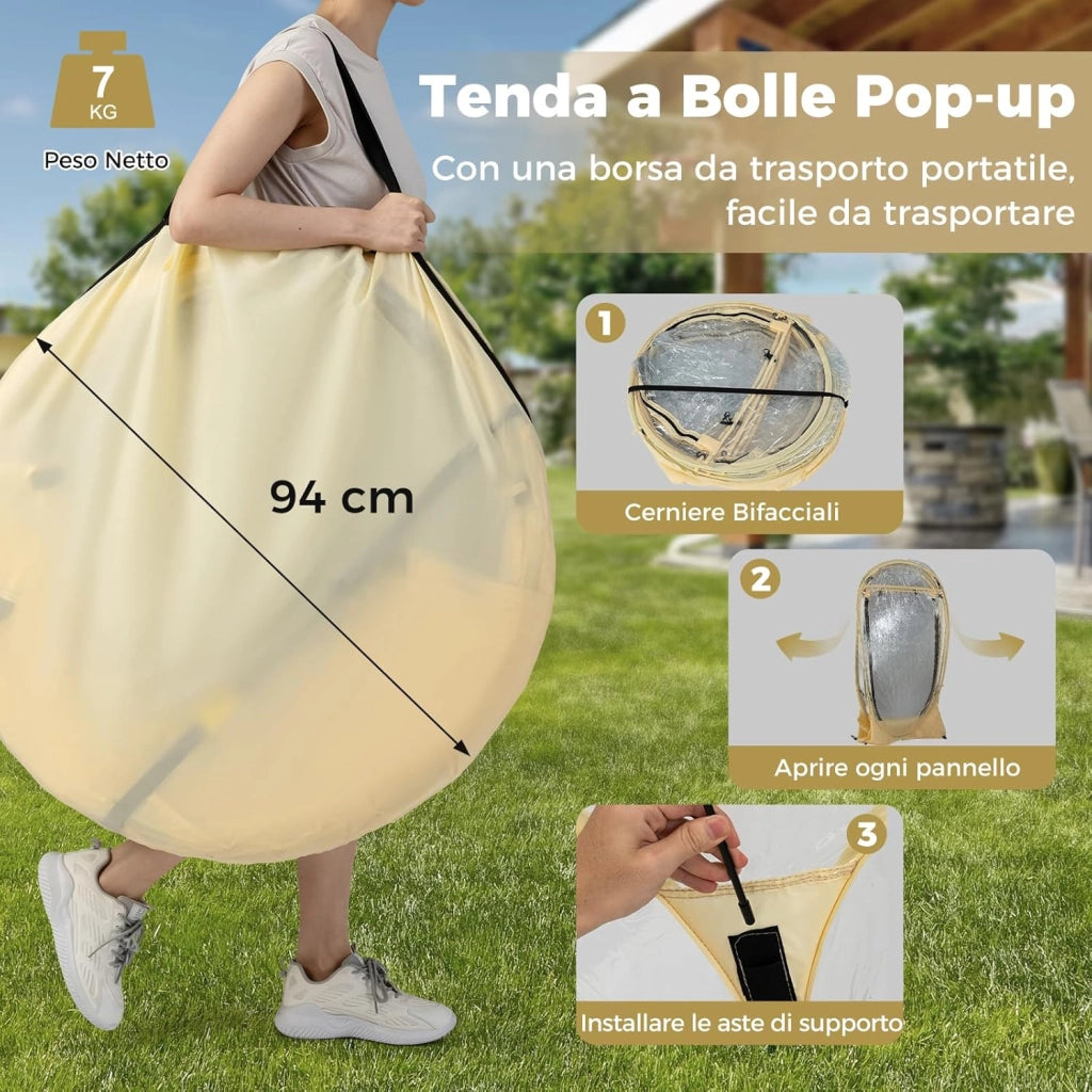 Tenda a Bolle Pop Up, Tenda da Campeggio Trasparente per 5-6 Persone, Antivento e Impermeabile, Igloo Portatile da Giardino in PVC, per Pesca, Spiaggia, Eventi Sportivi e Attività all’Aperto