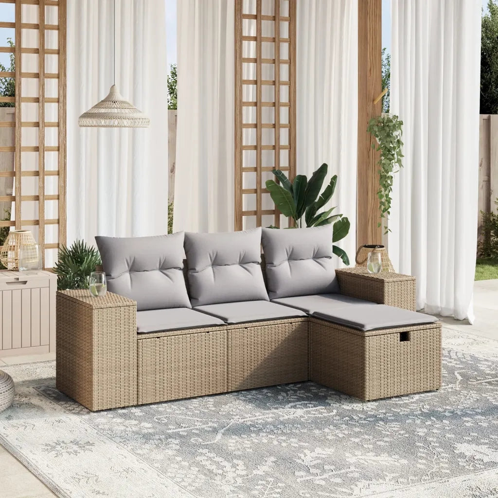 Set Divano da Giardino 4 pz | Set Salotto da Giardino con Cuscini Beige Misto Polyrattan