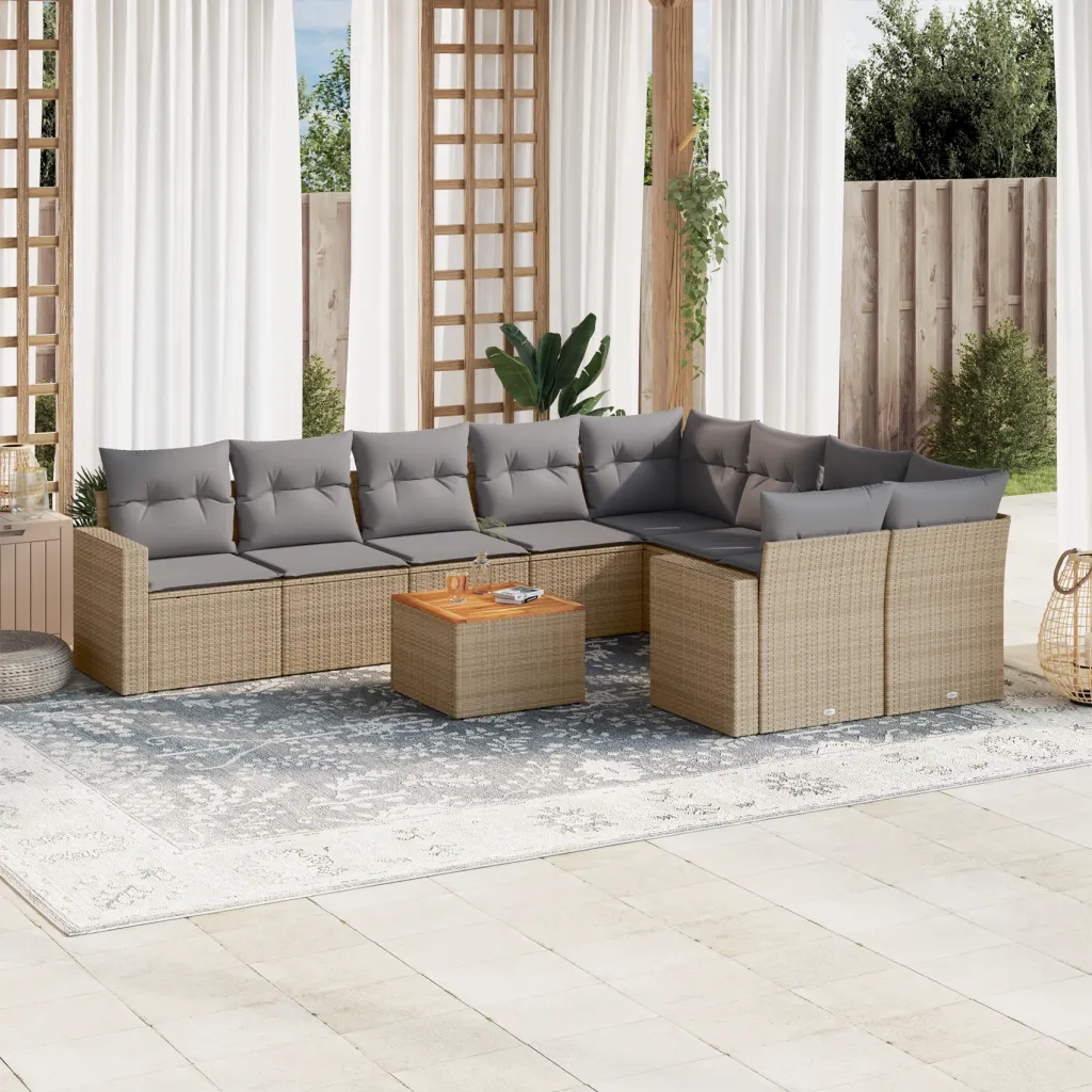 Set Divano da Giardino 10 pz con Cuscini Beige in Polyrattan