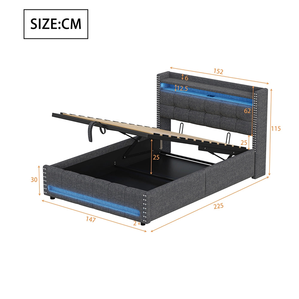 Letto imbottito con cassone - Xylo - 140x200cm - Grigio - Illuminazione LED e presa USB