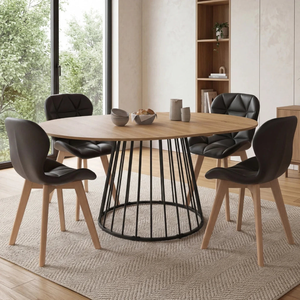 IDMarket - Set tavolo da pranzo rotondo allungabile YUNA con piano in legno e gamba in filo metallico 110-150 cm e 4 sedie ROBINE PU nere
