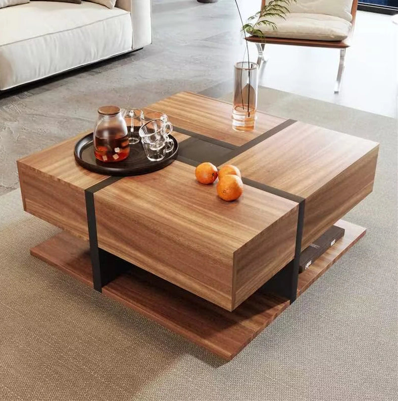 TAVOLINO Quadrato 78x78x36 cm in pannello di legno Naturale con 4 cassetti