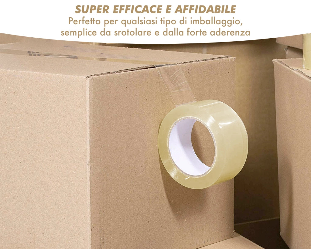 Nastro Adesivo Da Imballaggio Pacchi 50mm x 66 Metri Acrilico Resistente All'Acqua Silenzioso Sigilla Spedizioni Protezione Per Trasloco Prodotto Italiano Trasparente - 12 Rotoli