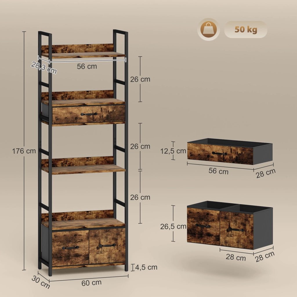 Libreria 6 Livelli con Cassetti Tessuto ¨C Zephmum ¨C 60x30x176cm Marrone Rovere