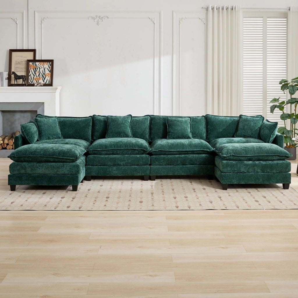 Divano modulare 4 posti in ciniglia con cuscini ergonomici e seduta a doppio strato, per soggiorno e appartamento, verde