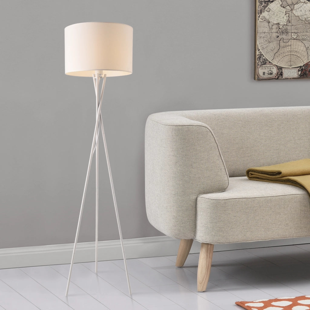 Lampada da Terra Grenoble con Paralume in Tessuto e Struttura a Treppiede in Metallo - Bianco lux.pro