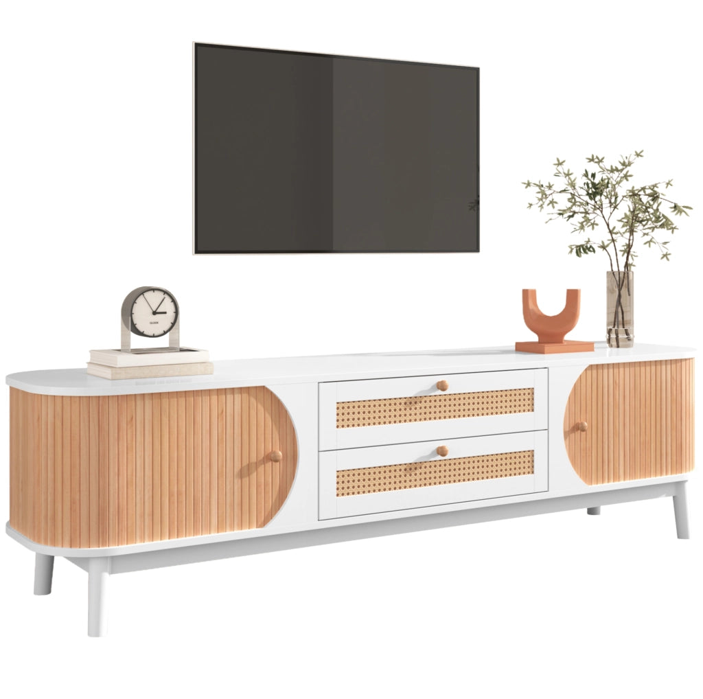 Mobile TV bianco e legno con ante e cassetti in rattan, 170 cm