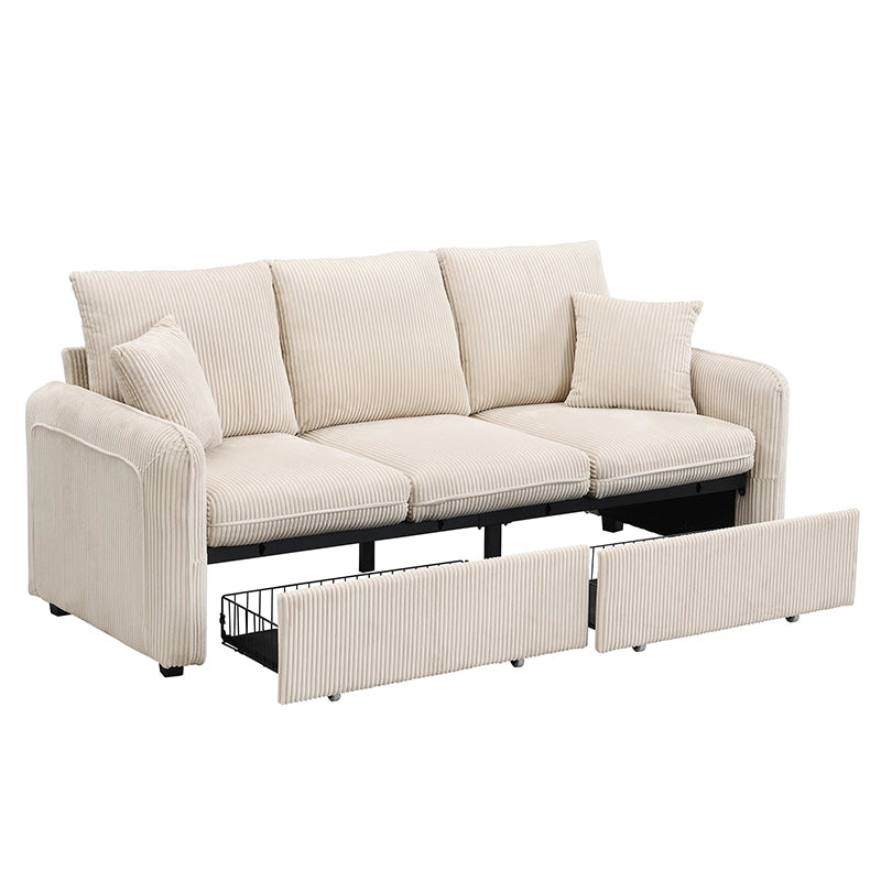 Divano letto modulare 3 posti - con contenitore e 2 pouf portaoggetti - in tessuto a coste beige