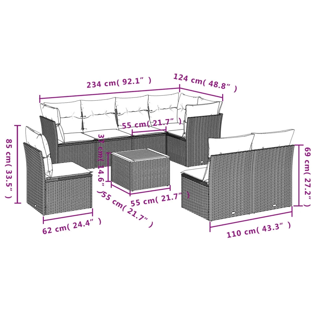 Set Divano da Giardino 9 pz con Cuscini Beige in Polyrattan