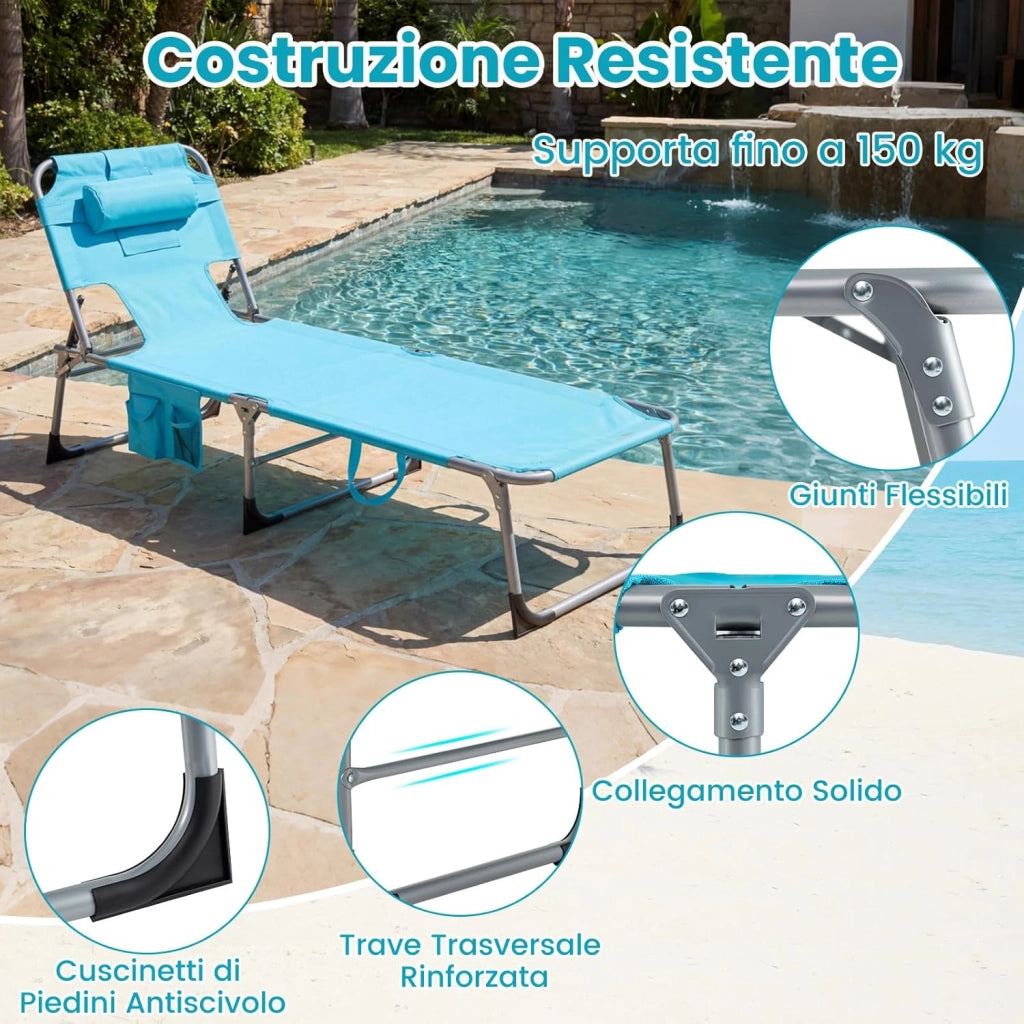 Lettino Prendisole da Spiaggia, Sdraio Mare Pieghevole Portatile con Foro per Viso e Braccia, Cuscino e Tasche Laterali, Schienale Regolabile 4 Posizioni, Portata 150 kg (Turchese)