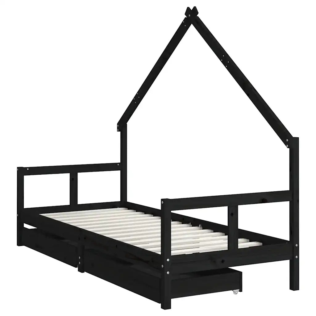Giroletto Bambini | Letto Infantile | Lettino con Cassetti Nero 80x200cm Massello di Pino