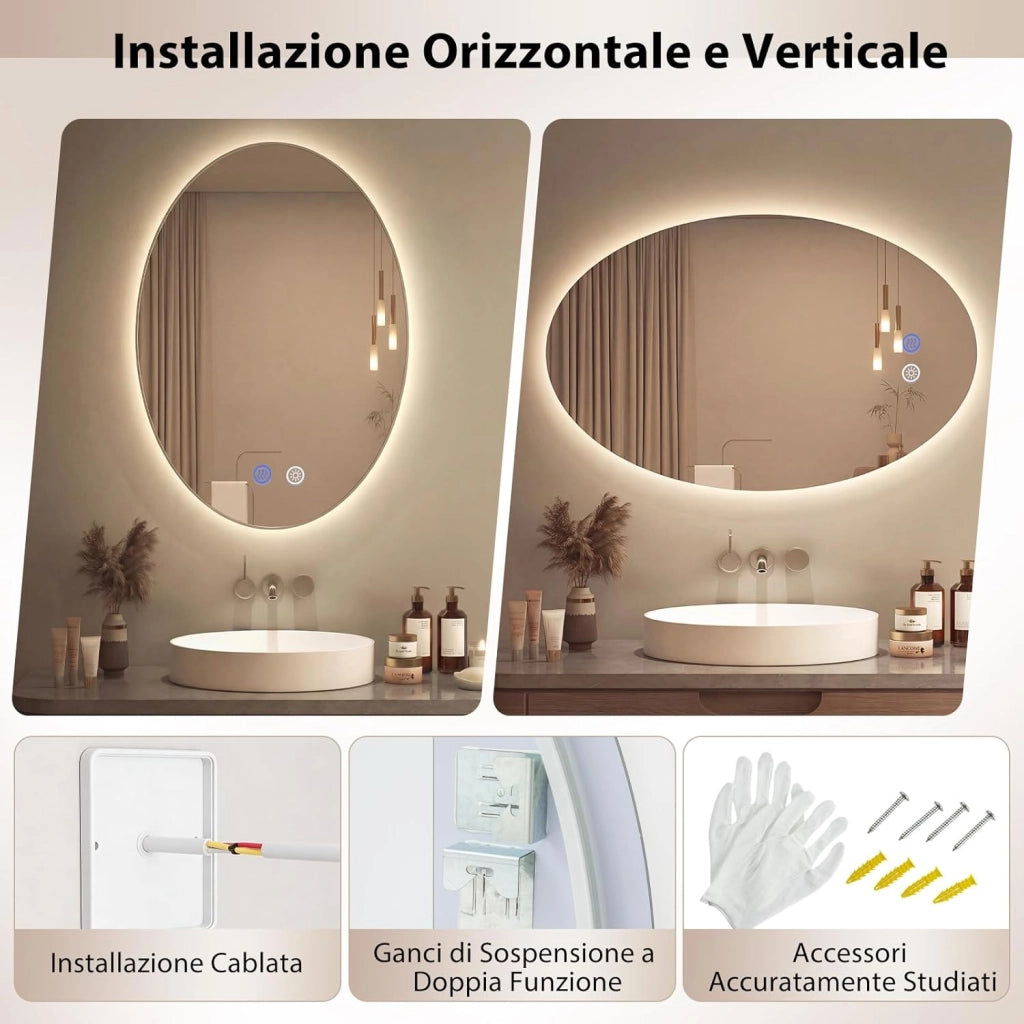 Specchio da Bagno Ovale 70 x 50 CM, Specchio da Toeletta con Luce LED, Antiappannamento, 3 Colori di Luce Dimmerabili, Funzione Memoria e Vetro Temperato Infrangibile per Ingresso