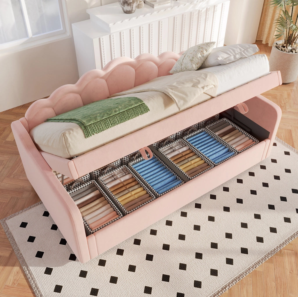 Letto singolo imbottito in velluto rosa con contenitore e LED
