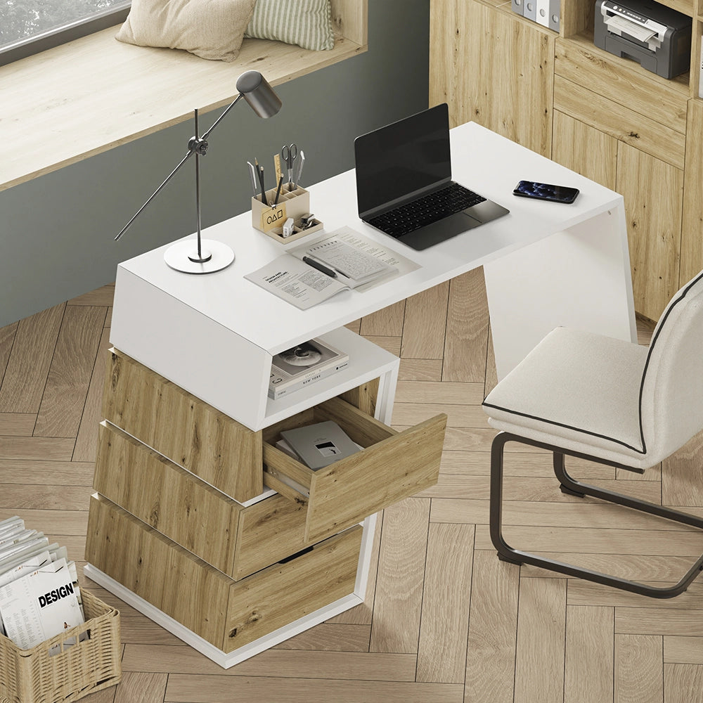 Vicco Scrivania Bianco/quercia 105 x 50 cm con 3 cassetti