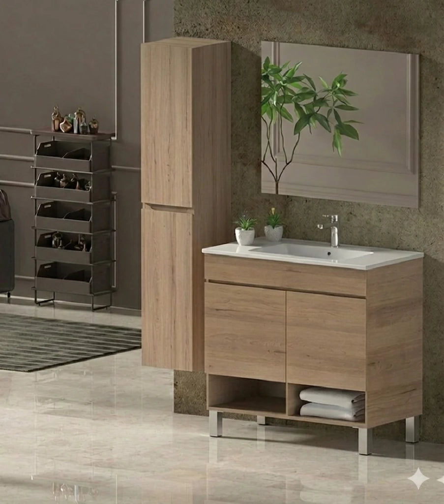 Mobile Bagno NEBARI com gambe Già Montato 2 portas, lavabo e specchio Estepa 80x40 cm con colonna