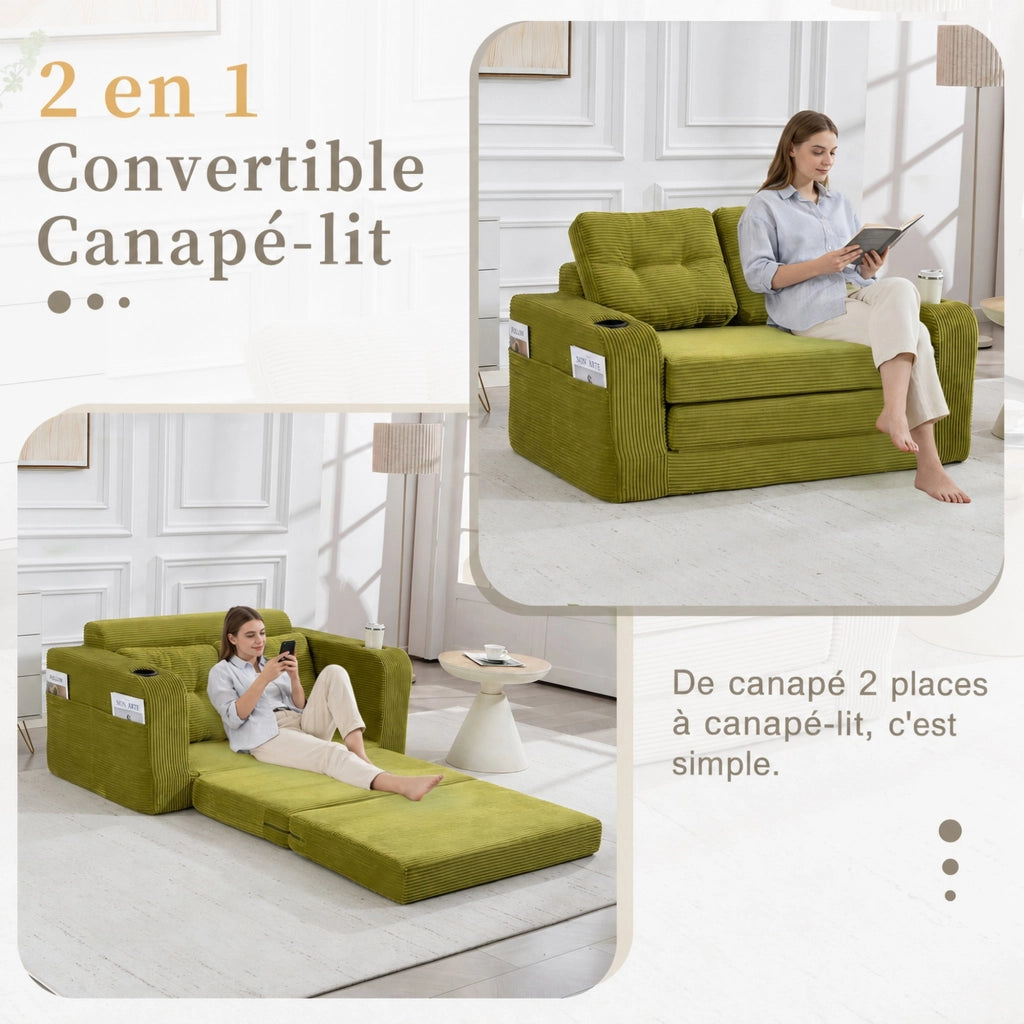 Divano modulare a 2 posti in velluto a coste con portabicchieri e tasche laterali verde oliva 136 × 80 × 82,5 cm