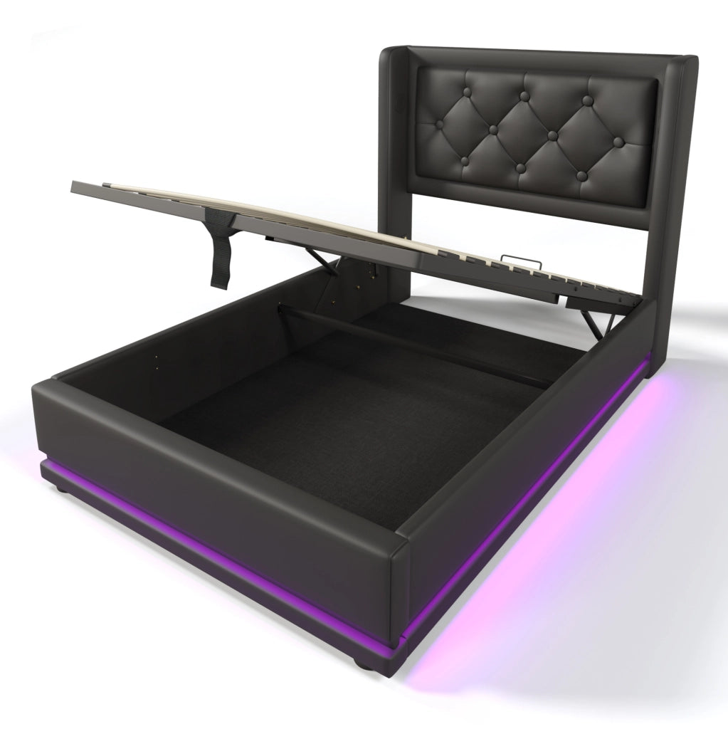 Letto contenitore 90x200 cm con LED e USB C; PU nero