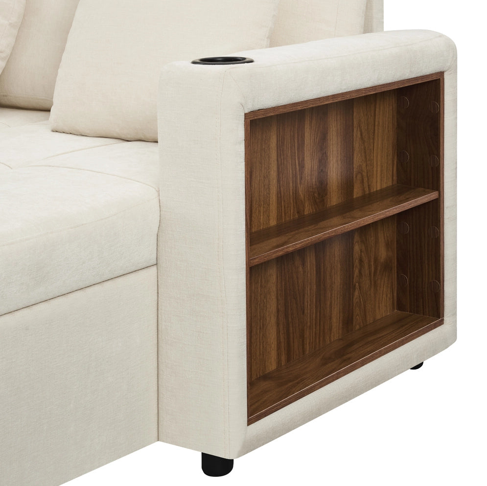 DIVANO LETTO 3 Posti Estraibile con Récamiere e Contenitore in Chenille Beige Chiaro