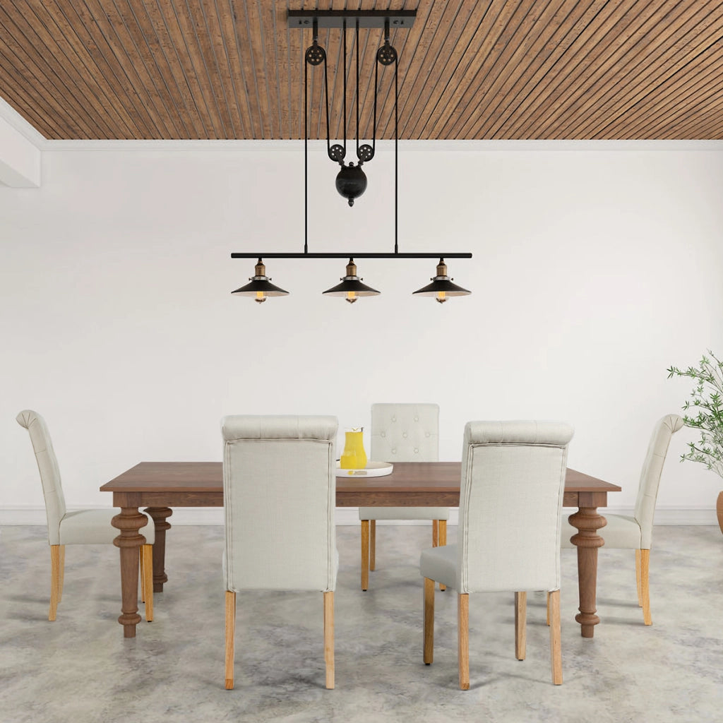 Sedie da pranzo con bottoni trapuntati e gambe in legno di gomma, Sedie laterali con tessuto di lino traspirante Beige