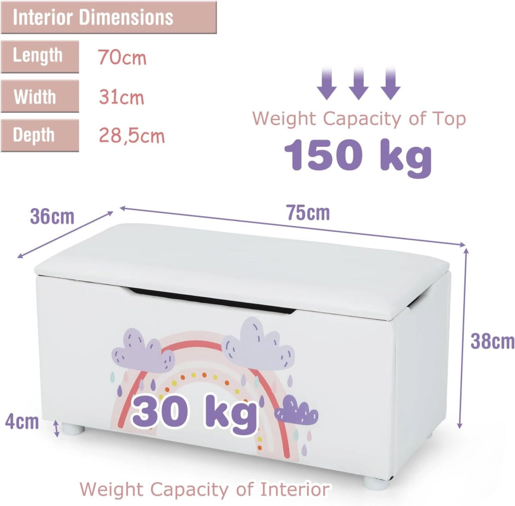 Scatola Portaoggetti con Coperchio Rimovibile, Piedini Regolabili e Maniglie in Tessuto, Scatola Imbottita in MDF PVC, Scatola Giocattolo per Bambini, 75 x 36 x 38, Bianco - Arcobaleno