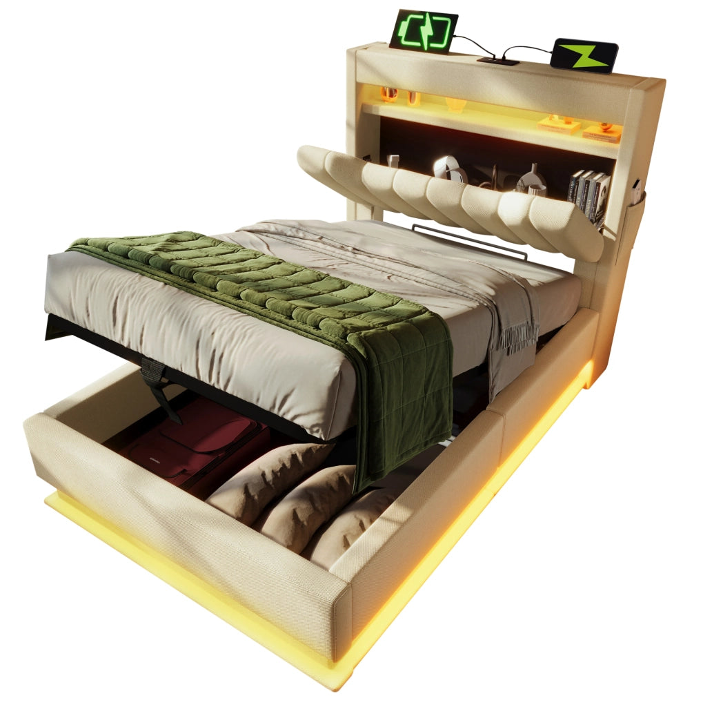 Letto matrimoniale 90x200 cm con LED; USB e Type-C; contenitore idraulico; con materasso; beige