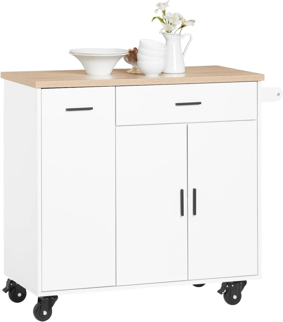 Carrello Cucina Isola Cucina con Ruote Mobile da Cucina Salvaspazio con Cassetti, Penisola Cucina con Piano Lavoro - Mobile Cucina con Ruote Portatutto Bianco 105x46x92 cm FKW126-WN
