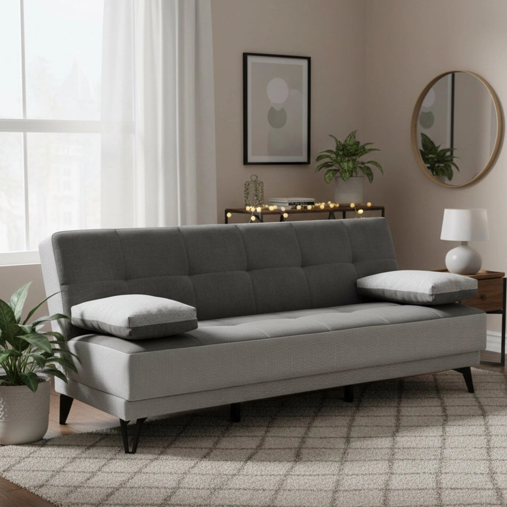 Divano letto Aborigeni, Divano letto a 3 posti con piedini in metallo nero , SofÒ  da soggiorno in tessuto imbottito con apertura click-clack, 190x87h97 cm, Grigio