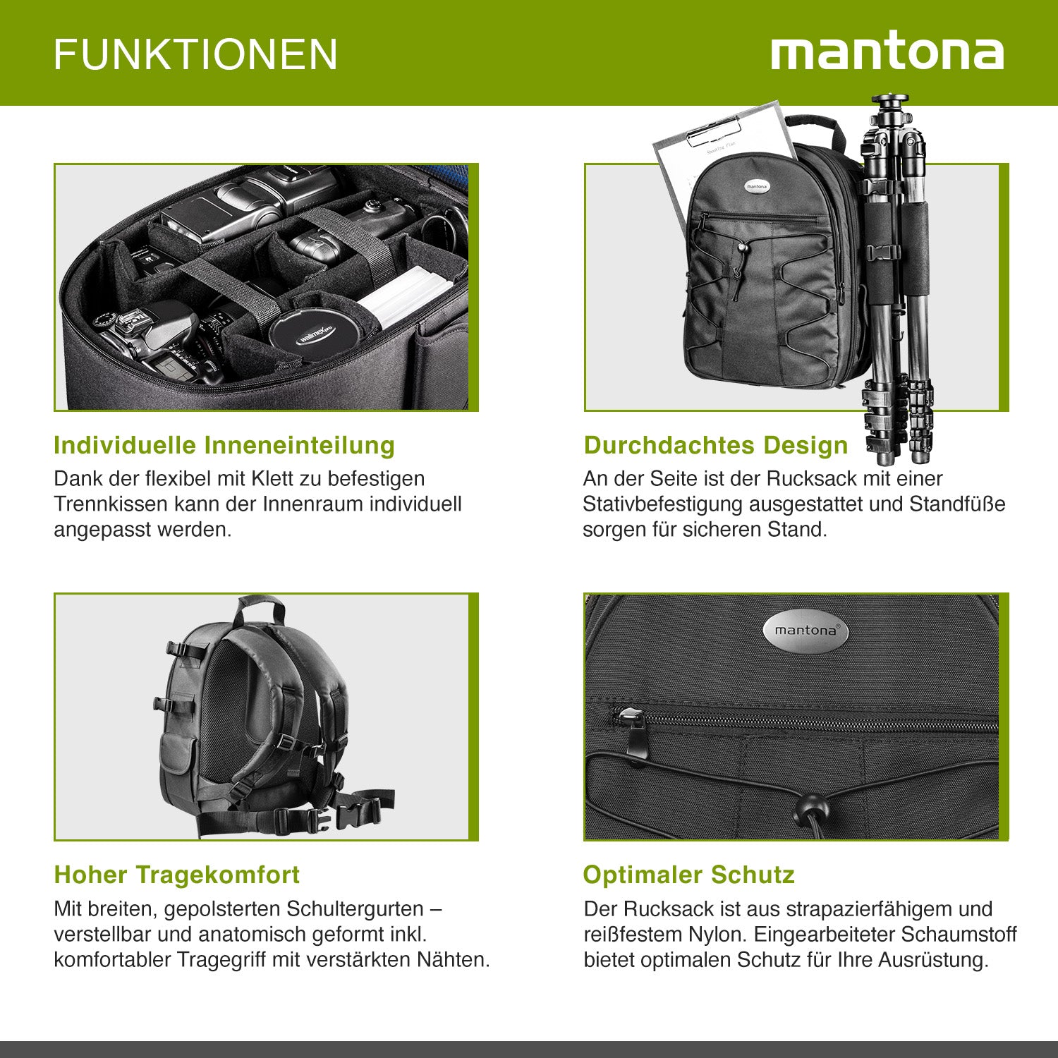 Mantona Azurit zaino fotografico per fotocamera SLR DSLR max 5 obiettivi e accessori, con attacco per treppiede, piedini, maniglia e tracolla di trasporto