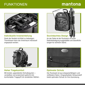 Mantona Azurit zaino fotografico per fotocamera SLR DSLR max 5 obiettivi e accessori, con attacco per treppiede, piedini, maniglia e tracolla di trasporto