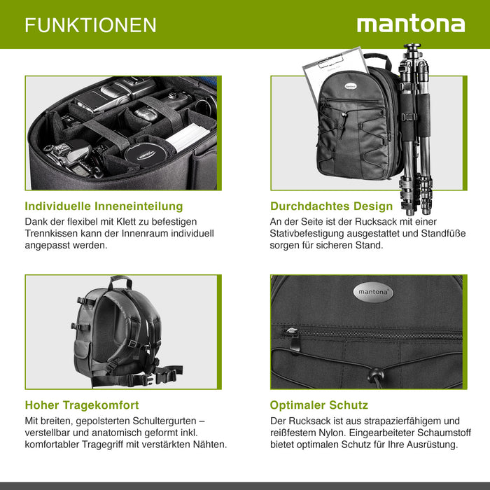 Mantona Azurit zaino fotografico per fotocamera SLR DSLR max 5 obiettivi e accessori, con attacco per treppiede, piedini, maniglia e tracolla di trasporto