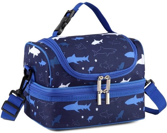 Borsa da picnic per bambini con compartimenti separati, zaino da pranzo riutilizzabile con cinturino regolabile, scuola e picnic (Blue Shark)