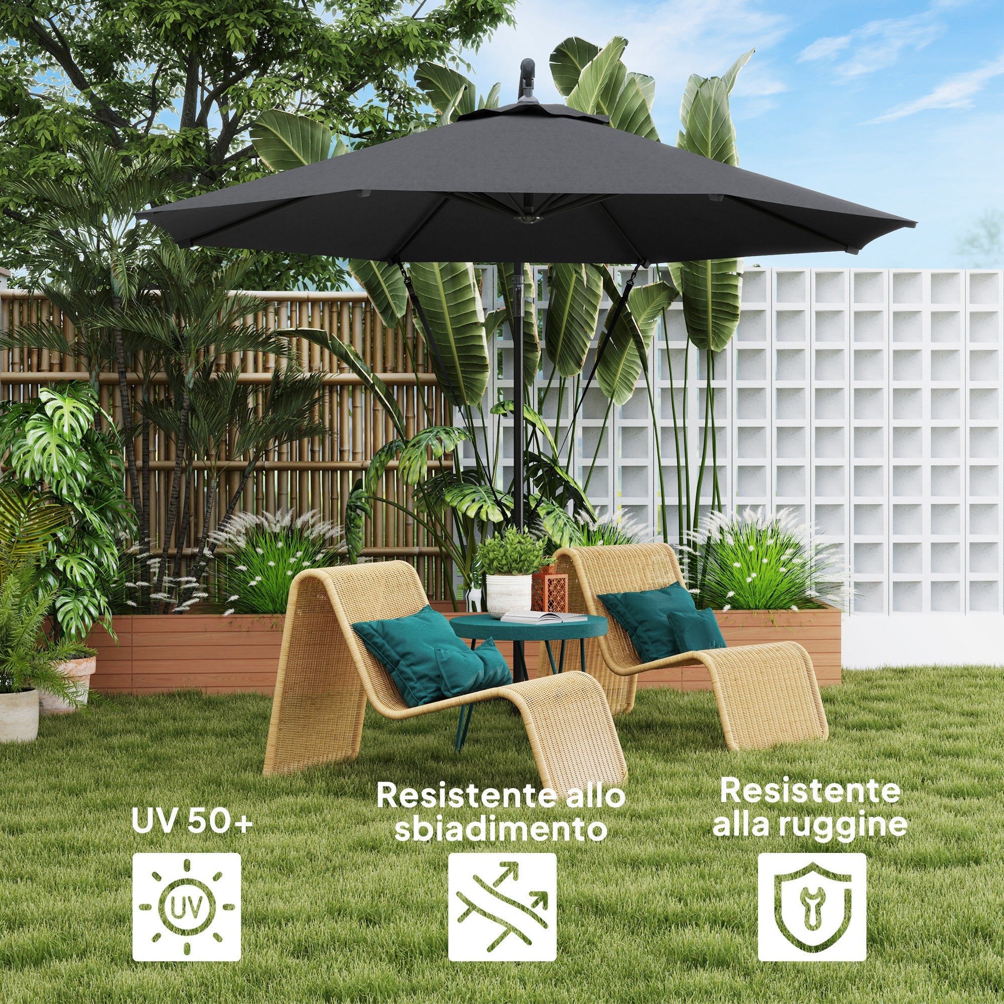 Ombrellone da Giardino Rotondo Ø290x243A cm Inclinabile Protezione UPF 50+ Grigio Scuro