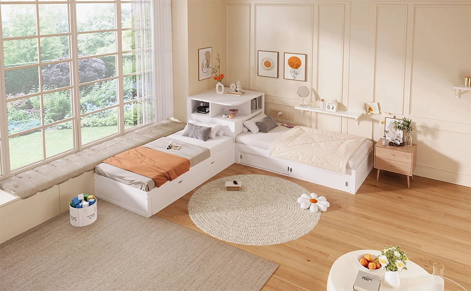 Letto singolo 90 × 200 cm con letto estraibile, contenitore con ante scorrevoli et luce notturna LED, senza materasso, bianco