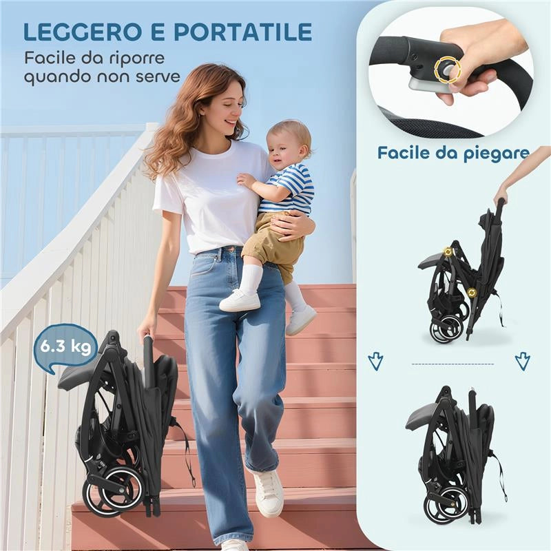 PASSEGGINO PER BAMBINI 0-3 ANNI PIEGHEVOLE E LEGGERO CON SCHIENALE REGOLABILE, CAPOTTINA, CESTINO, GRIGIO SCURO