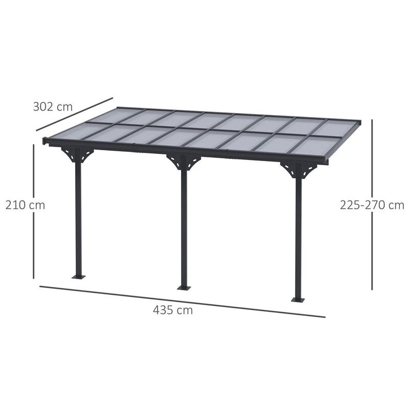 PERGOLA ADDOSSATA DA GIARDINO IN POLICARBONATO E ALLUMINIO, INSTALLAZIONE REGOLABILE, GRIGIO