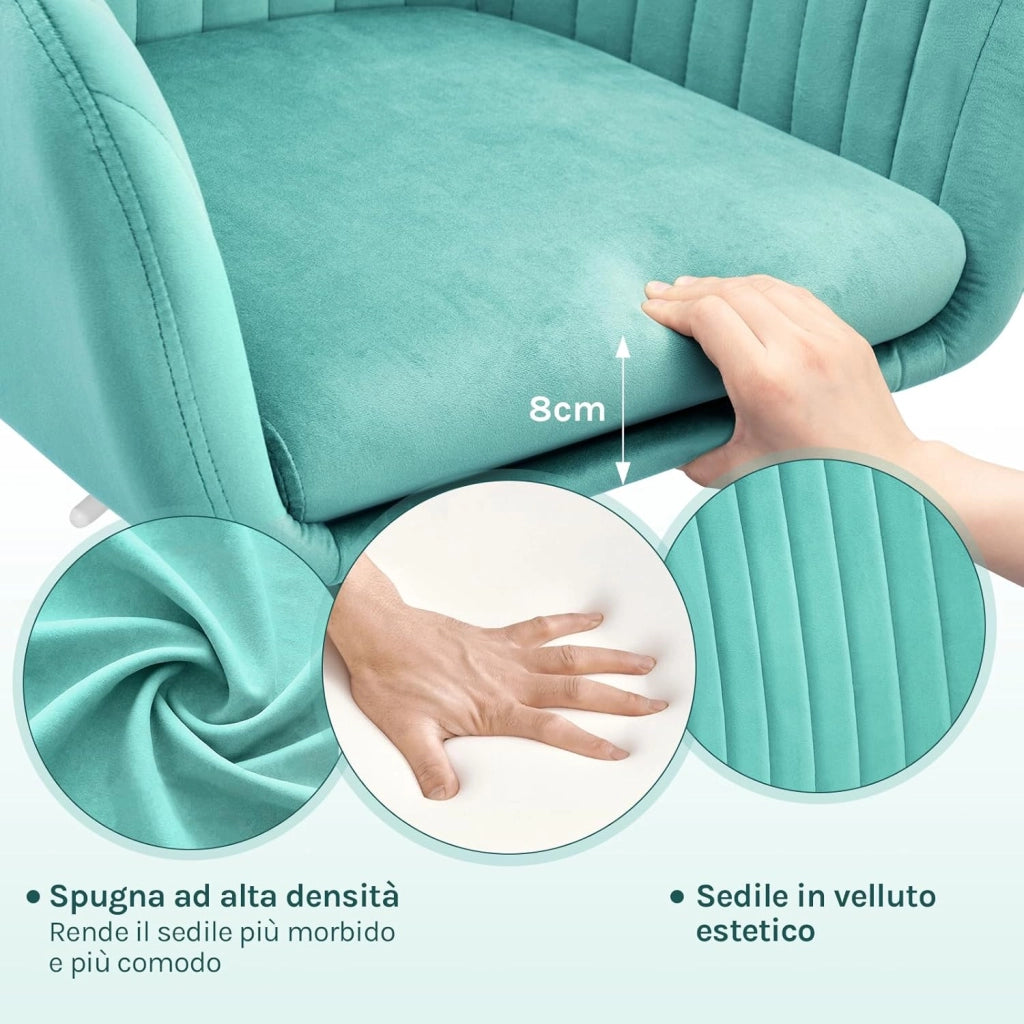 Sedia da Ufficio, Sedia da Toeletta, Poltrona Ergonomica, Ampia, in Velluto Imbottita, Regolabile in Altezza per Ufficio e Camera da Letto, Turchese, BS166ts