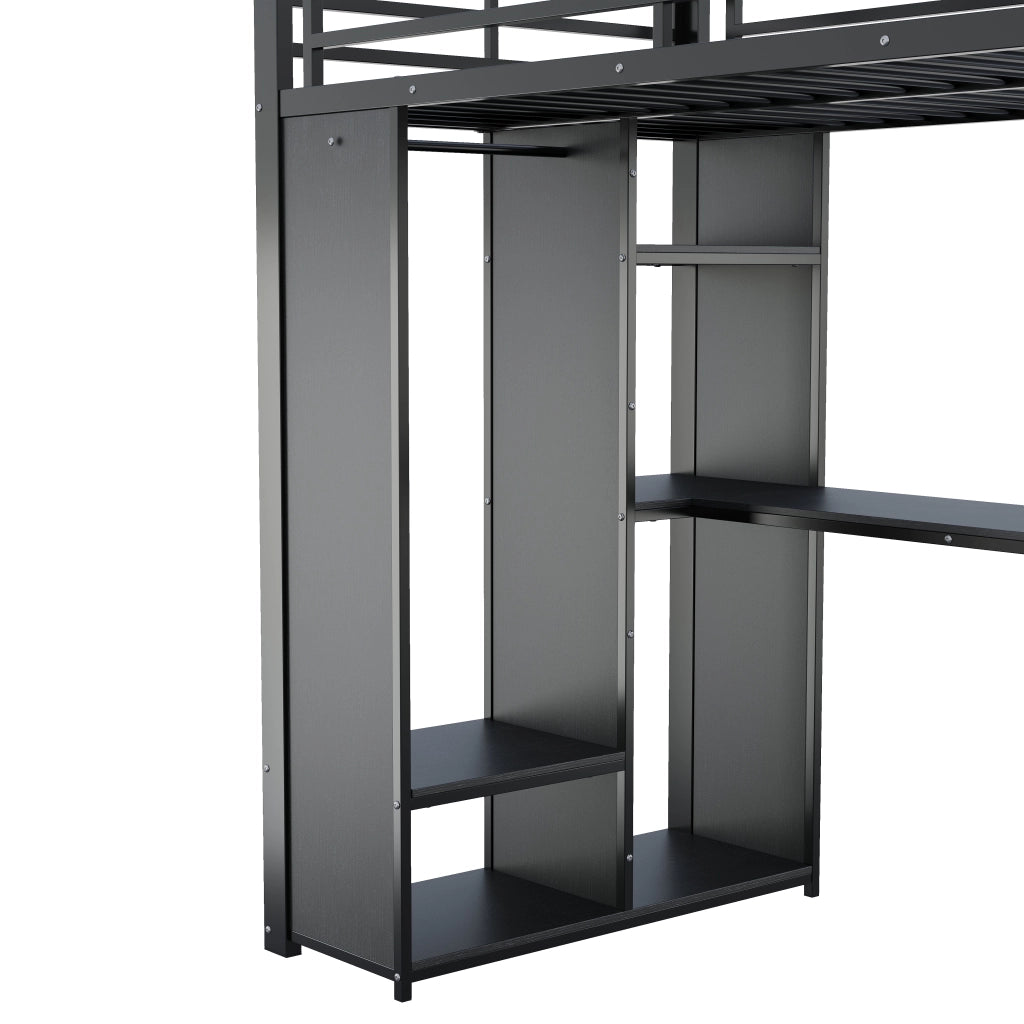 Letto a soppalco 90x200 cm con scrivania e armadio aperto in metallo e MDF nero
