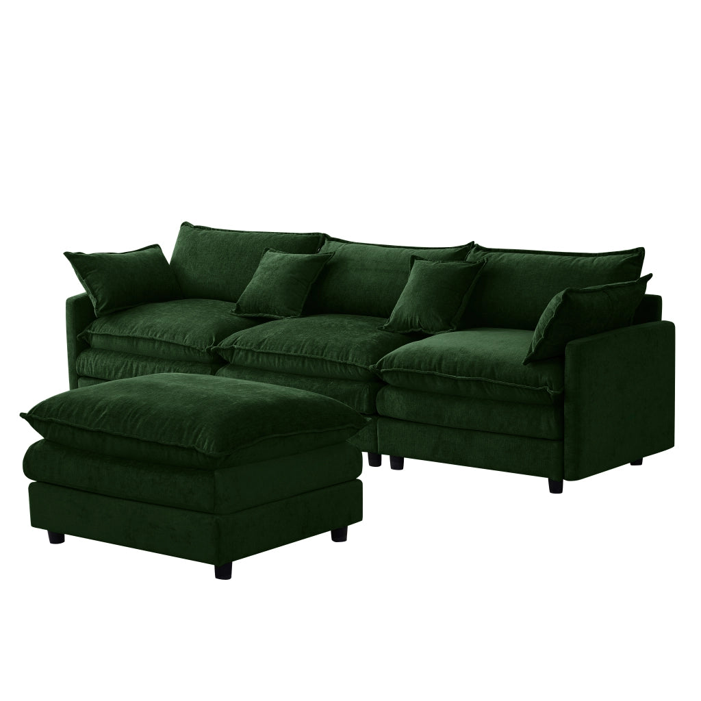 Divano angolare modulare 3 posti con chaise longue e pouf in tessuto chenille verde 267×154×85 cm